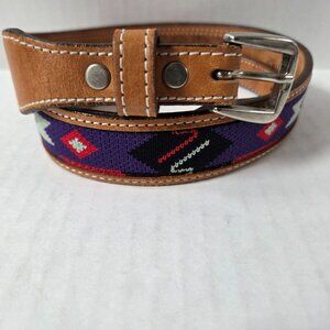 Circle Y Belt Womens 28 Brown Leather Purple Aztec Fabric Silver Tone Cabochon